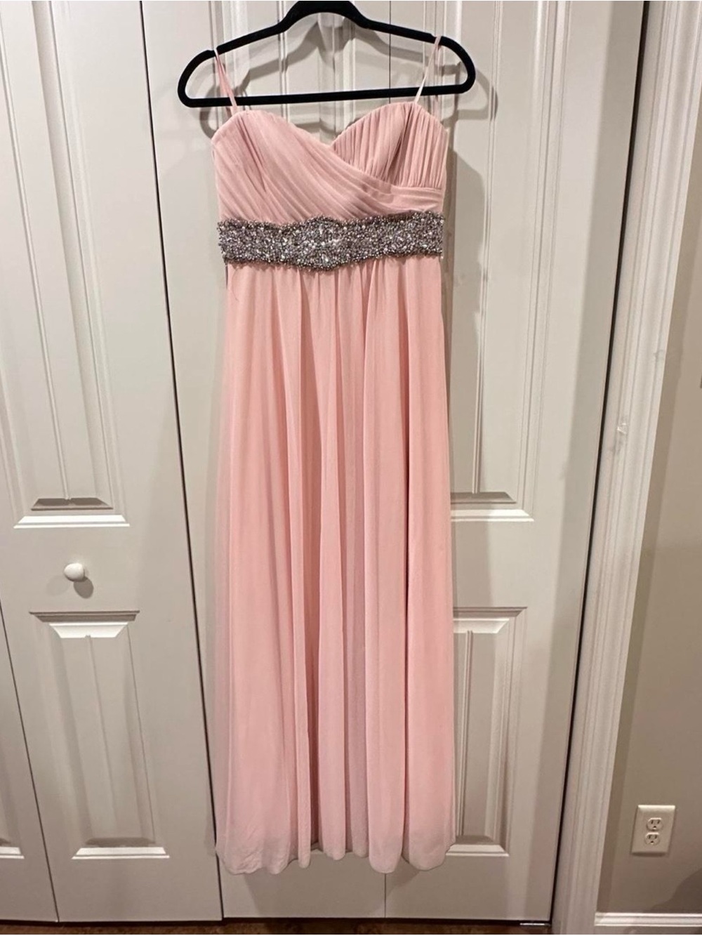 Light Pink Strapless Chiffon Formal Dress with Silver Beaded Waist